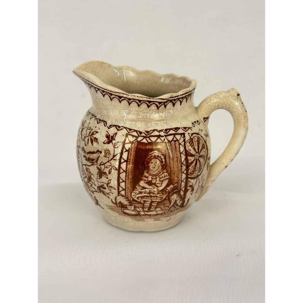 Antique Staffordshire England Brown Transferware Pitcher Girl with Cats Dog